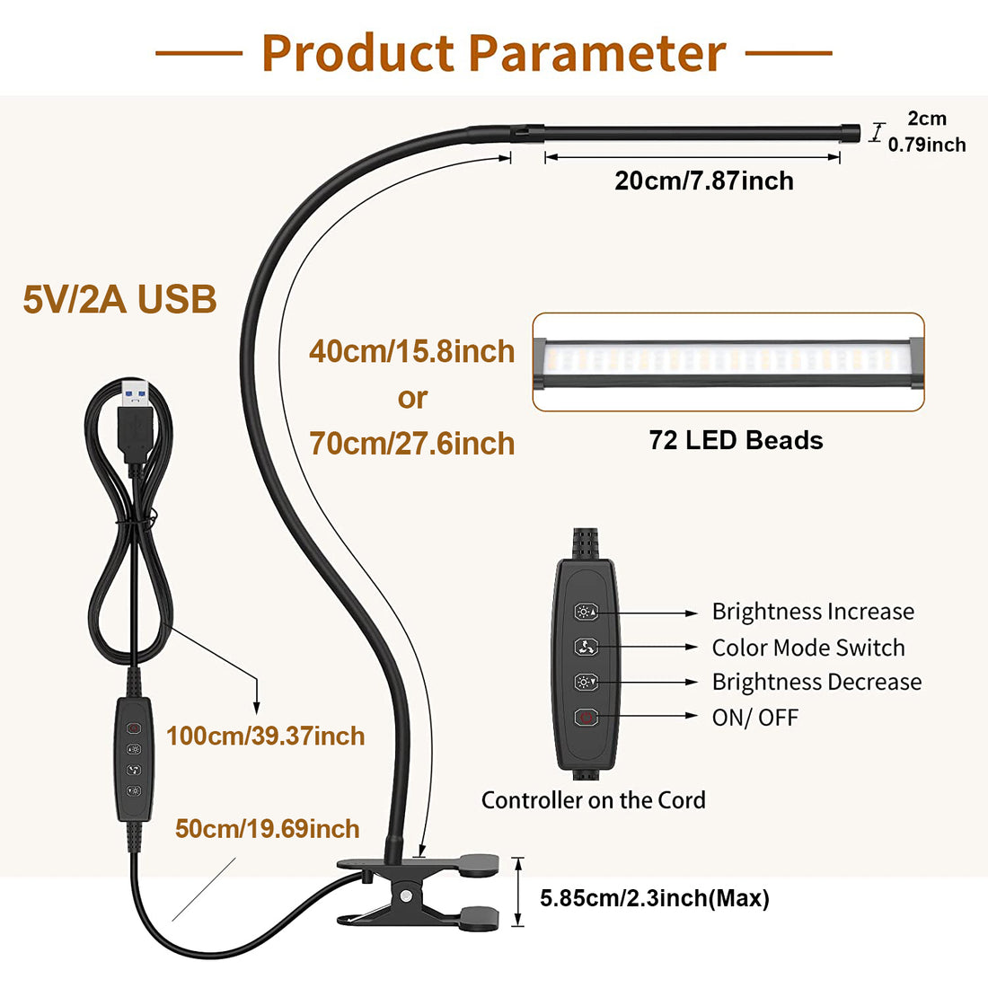 10W LED Clamp Desk Lamp – Dimmable Clip-On Reading Light with 3 Modes & 10 Brightness Levels, USB