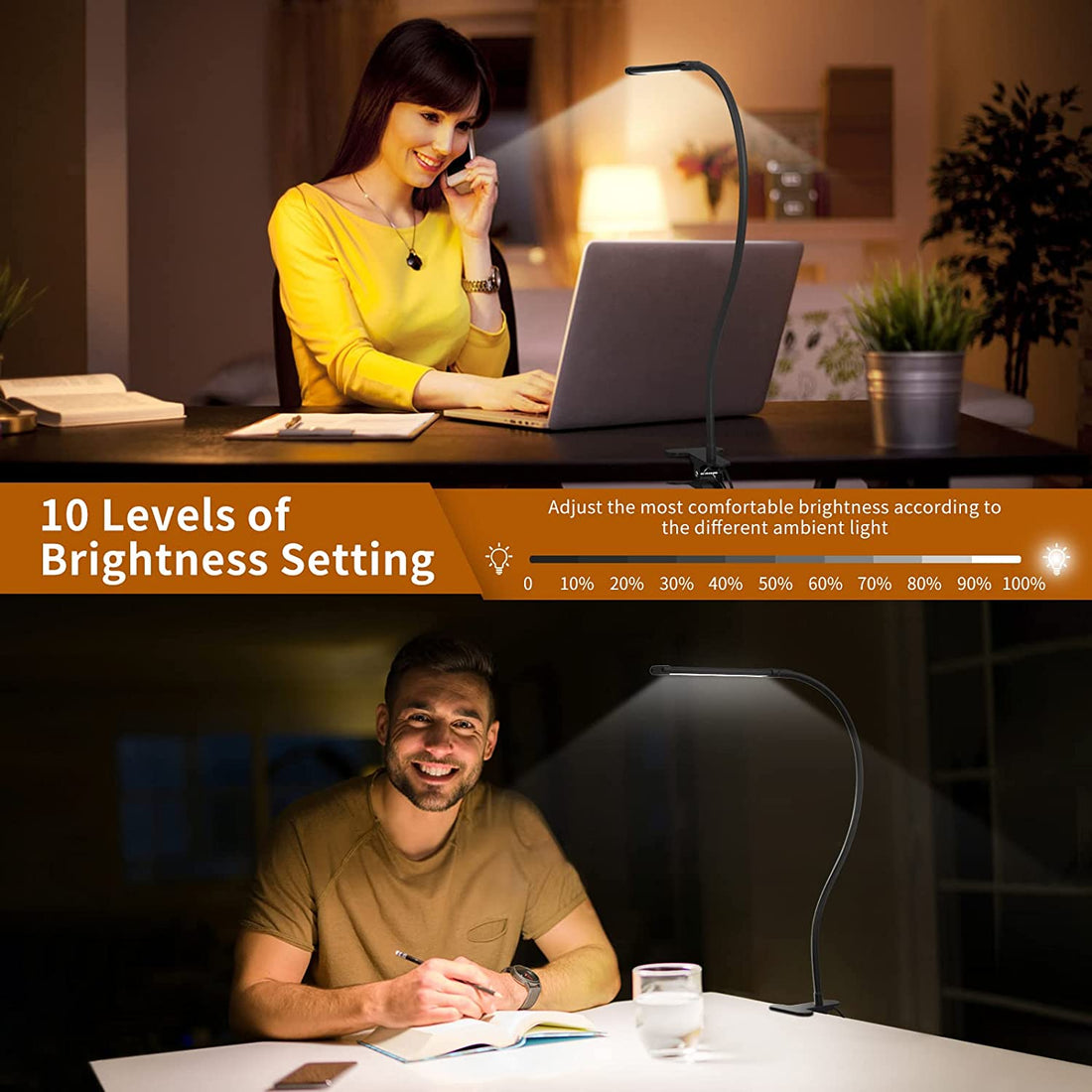 10W LED Clamp Desk Lamp – Dimmable Clip-On Reading Light with 3 Modes & 10 Brightness Levels, USB