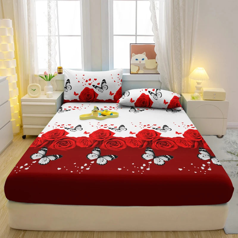 Modern Plant & Butterfly Printed Fitted Sheet – Matte Bed Cover (No Pillowcases)