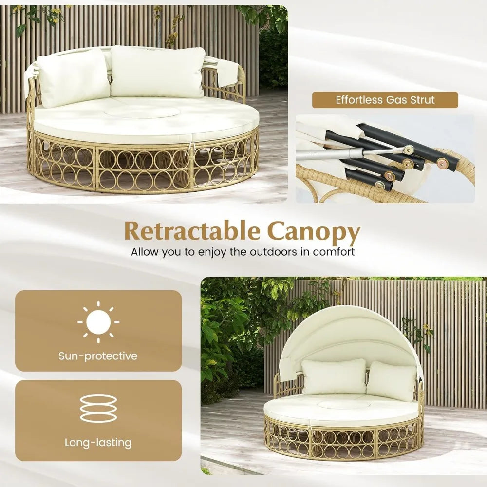Round Wicker Outdoor Daybed with Canopy & Cushions