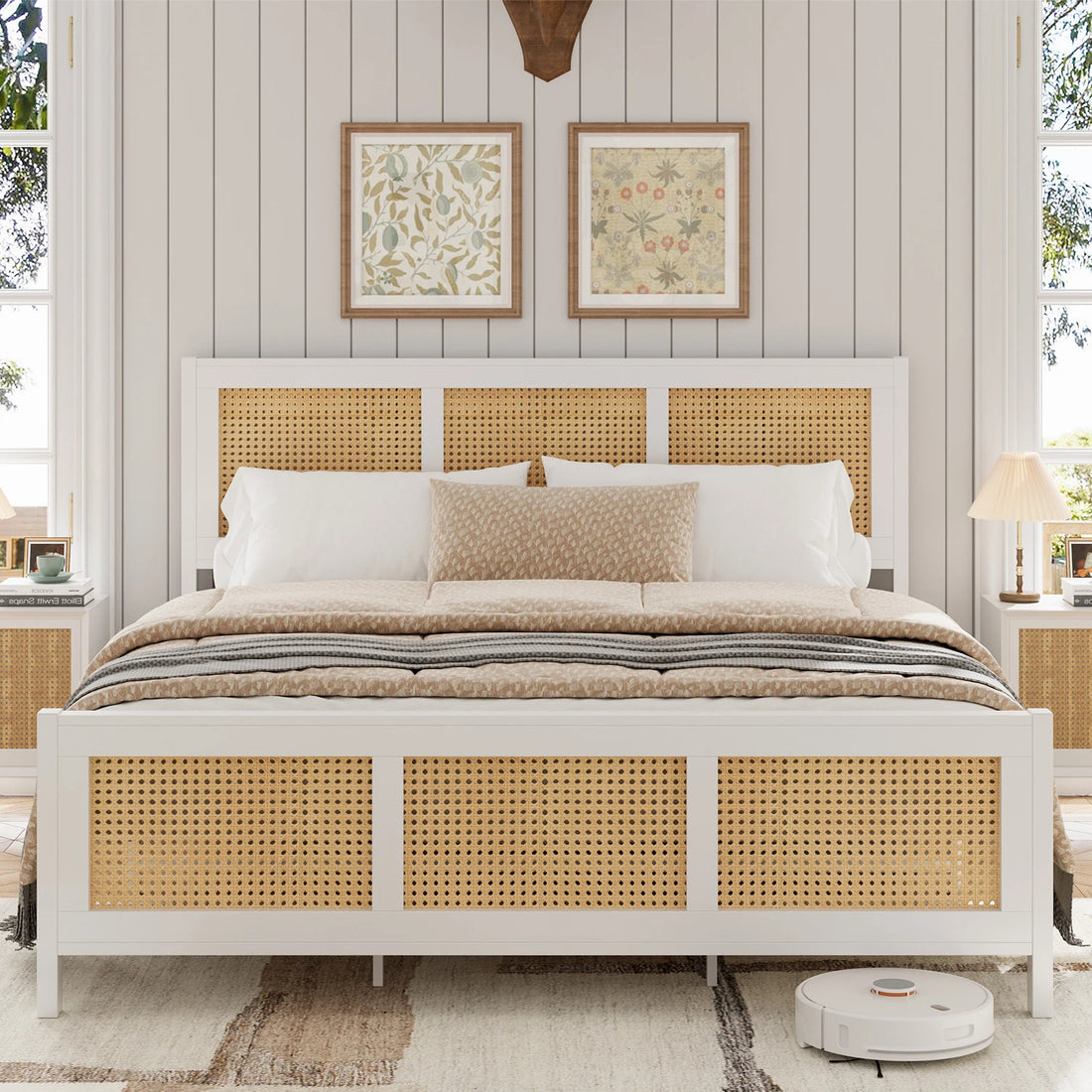 Queen Size Bohemian Rattan Platform Bed Frame with Headboard – Metal Slats, No Box Spring Needed