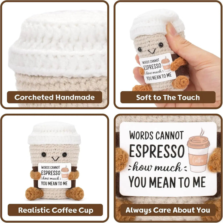 Handmade Crochet Emotional Support Coffee Doll – Funny Desktop Ornament & Gift
