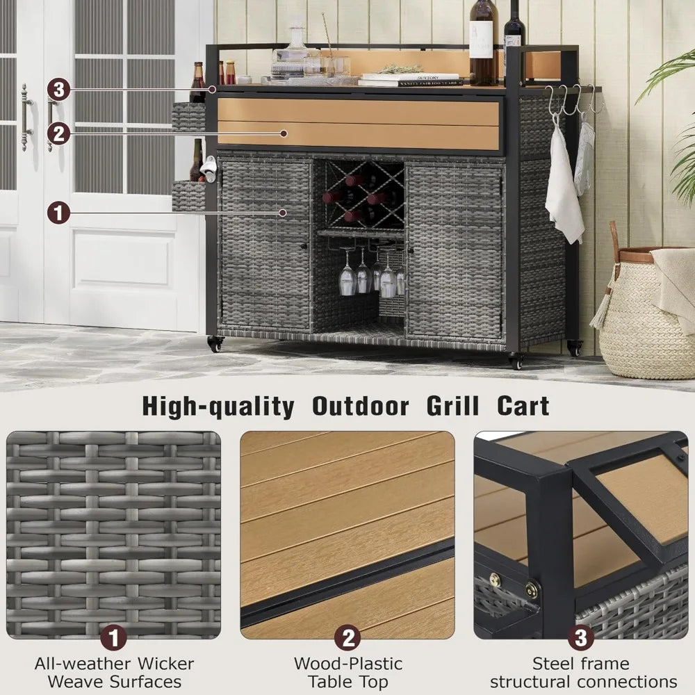 52.8" Wicker Outdoor Grill Cart with Storage & Rolling Tabletop
