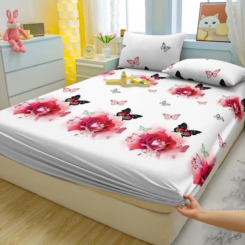 Modern Plant & Butterfly Printed Fitted Sheet – Matte Bed Cover (No Pillowcases)