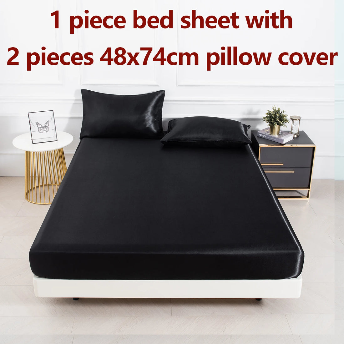 3PC Satin Fitted Sheet Set with Pillow Covers