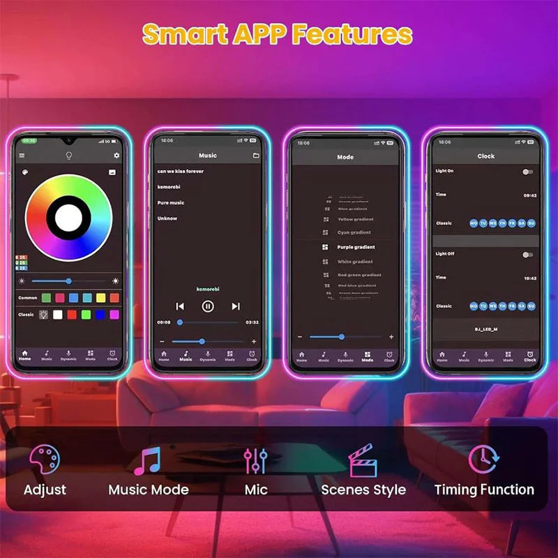 RGB LED Strip Lights – 5m/10m/20m/30m Flexible Tape with APP Control for Bedroom & Home Décor