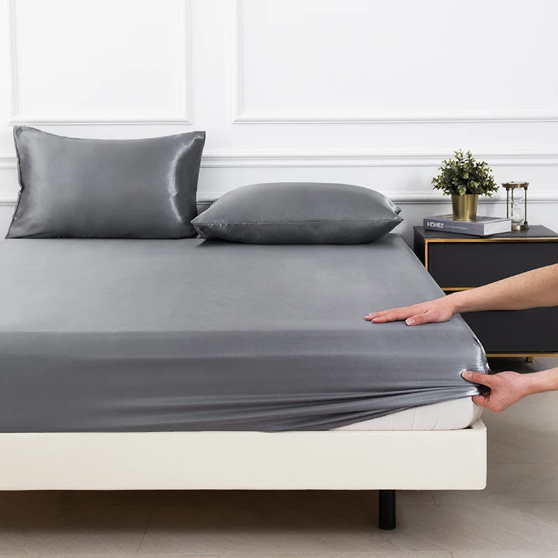 3PC Satin Fitted Sheet Set with Pillow Covers