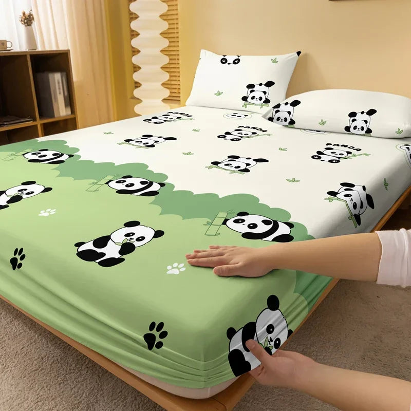 1pc Cute Panda & Flower Print Matte Fitted Sheet – Bedroom Bed Cover (No Pillowcases)