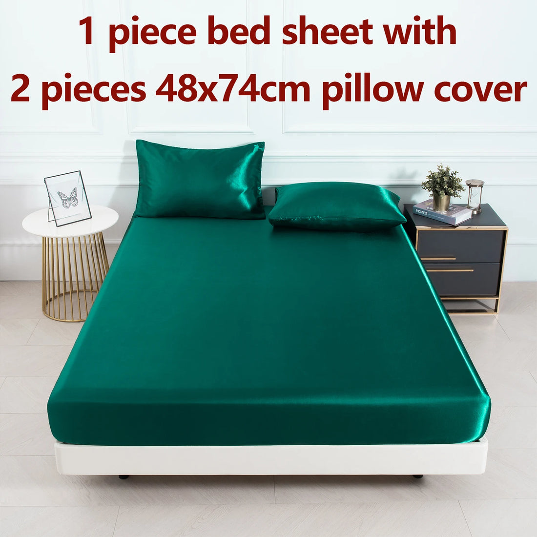 3PC Satin Fitted Sheet Set with Pillow Covers