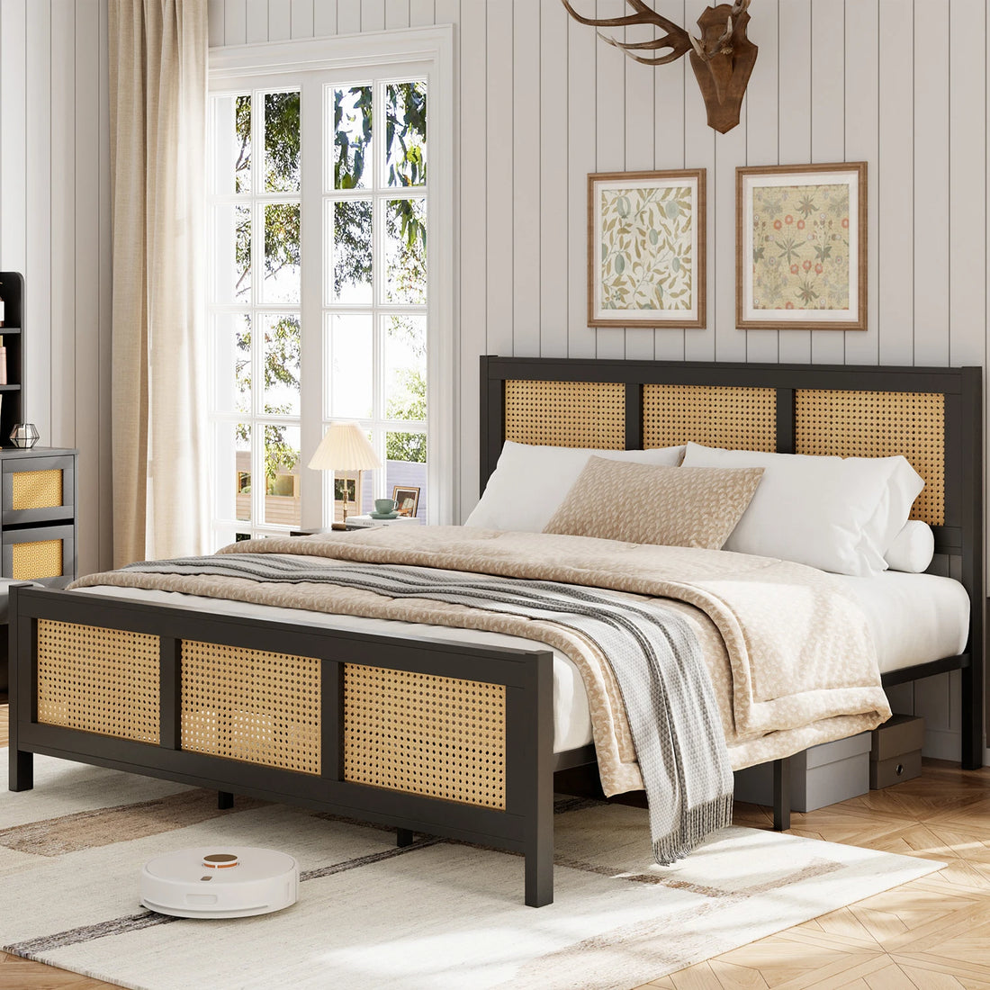 Queen Size Bohemian Rattan Platform Bed Frame with Headboard – Metal Slats, No Box Spring Needed