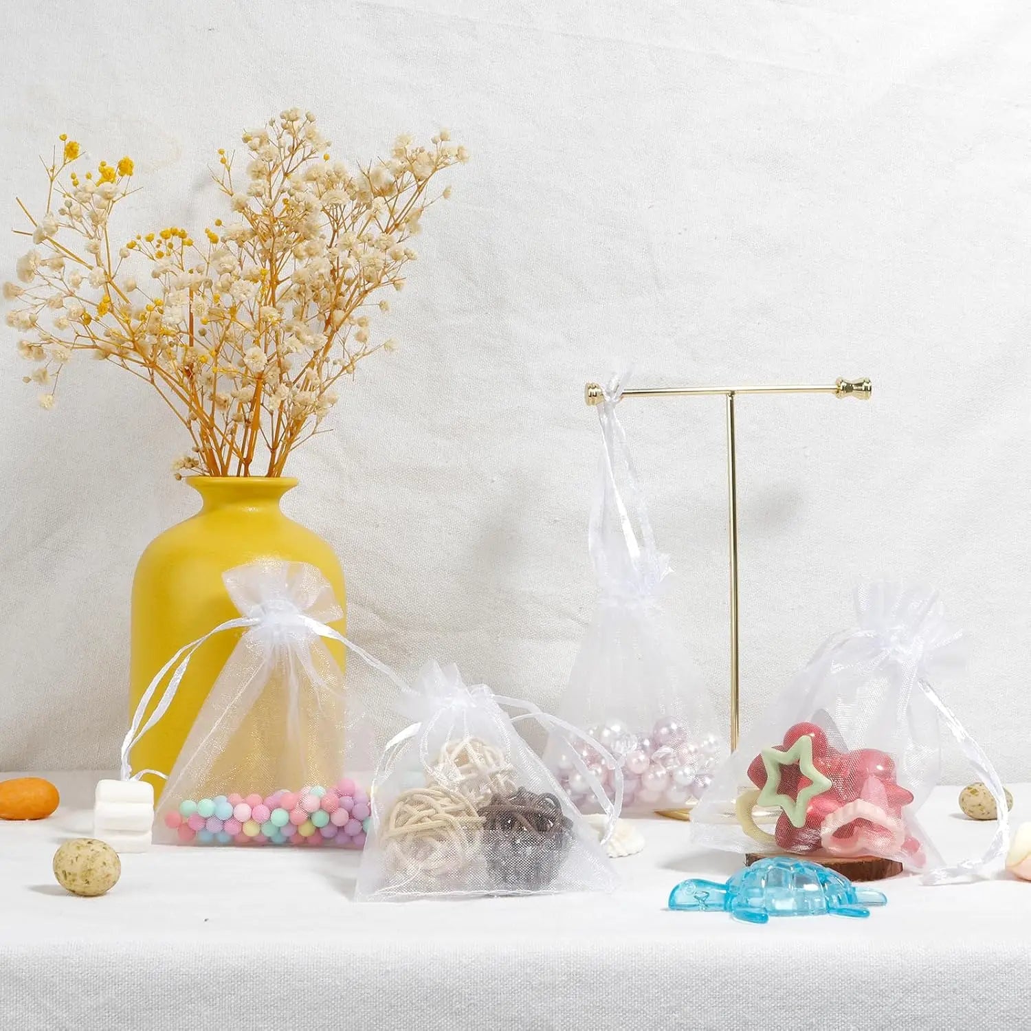 50 Pcs White Sheer Organza Gift Bags with Drawstring