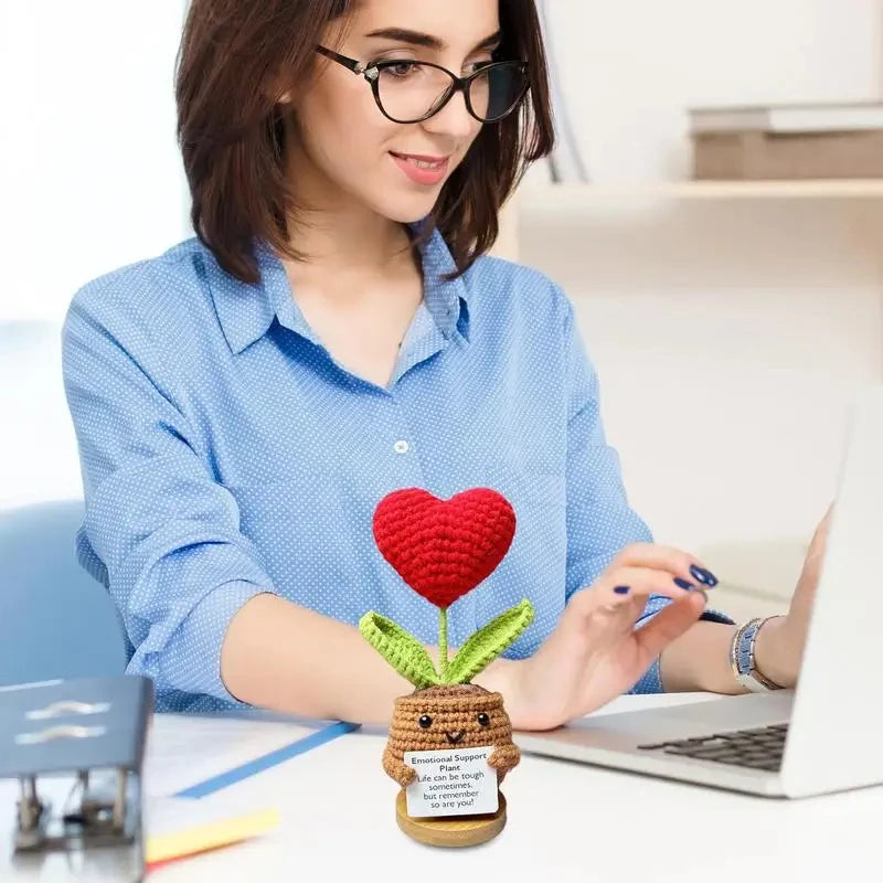 Positive Energy Heart Flower Hand-Woven Doll – Knitted Pocket Hug with Card