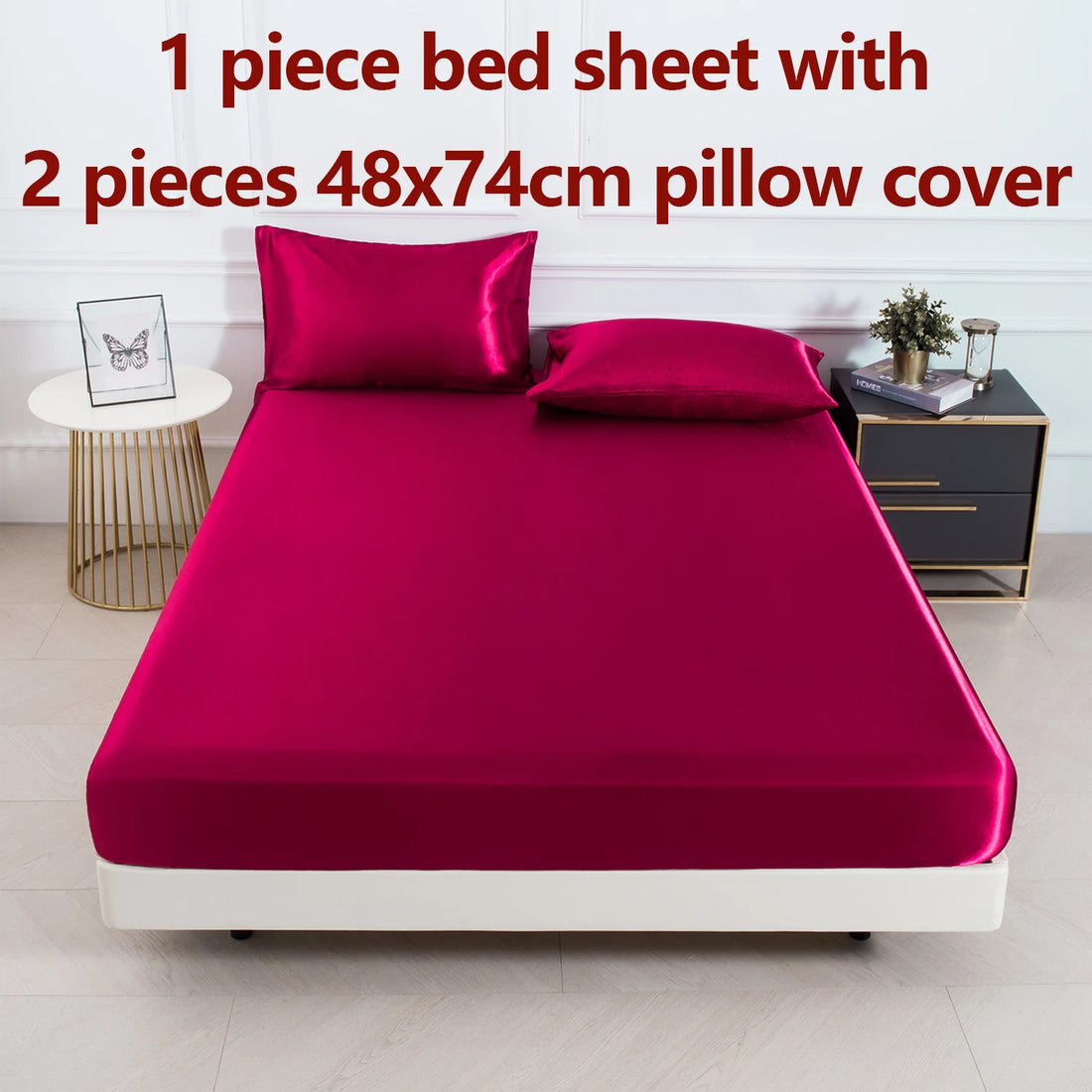 3PC Satin Fitted Sheet Set with Pillow Covers