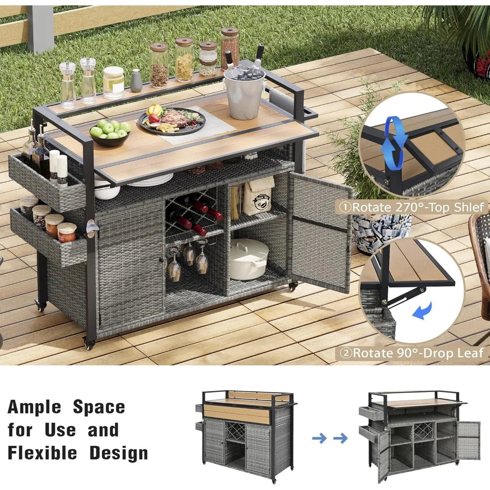 52.8" Wicker Outdoor Grill Cart with Storage & Rolling Tabletop