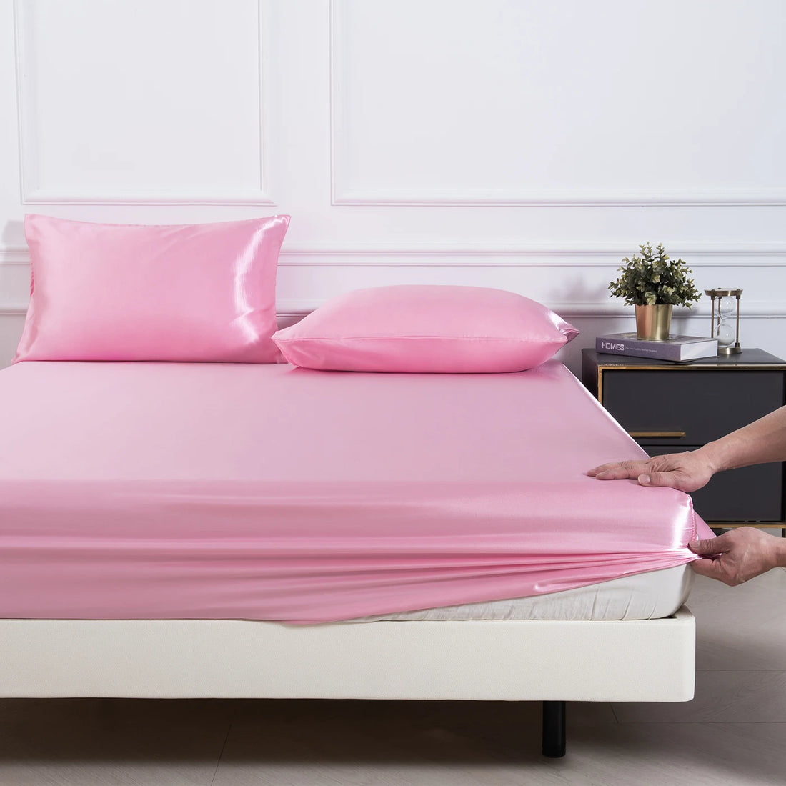 3PC Satin Fitted Sheet Set with Pillow Covers
