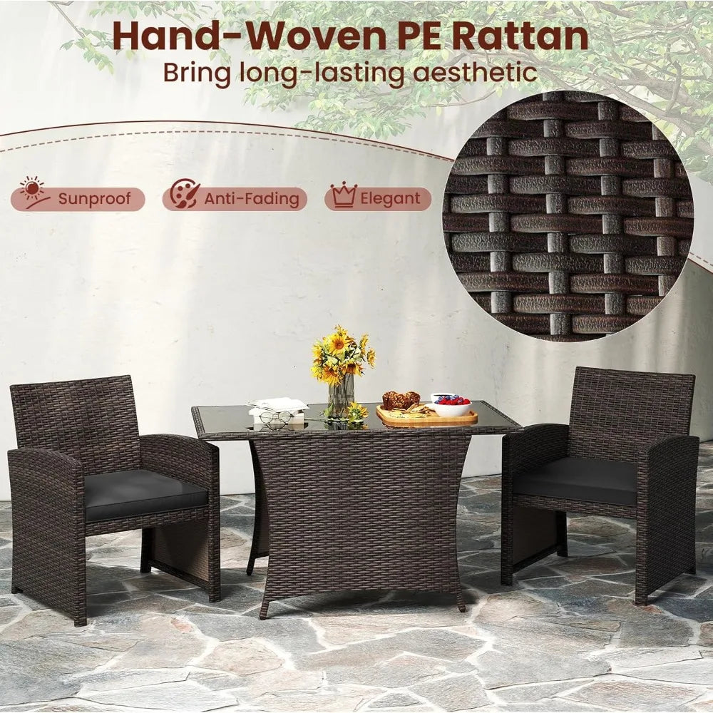 3-Piece Patio Wicker Dining Set – 2 Chairs & Glass Table with Cushions