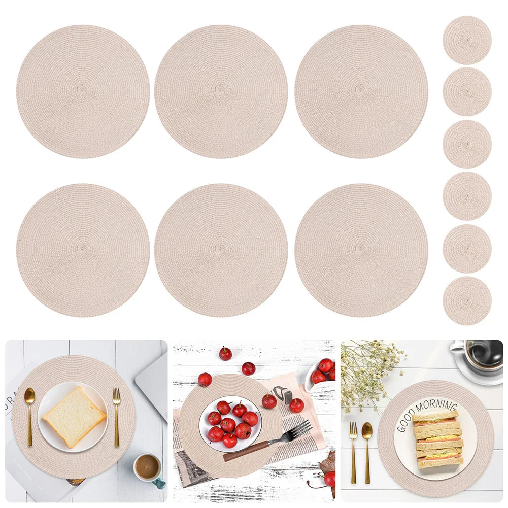 Set of 6 Round Braided Placemats – 34cm Washable Woven Heat-Resistant Table Mats