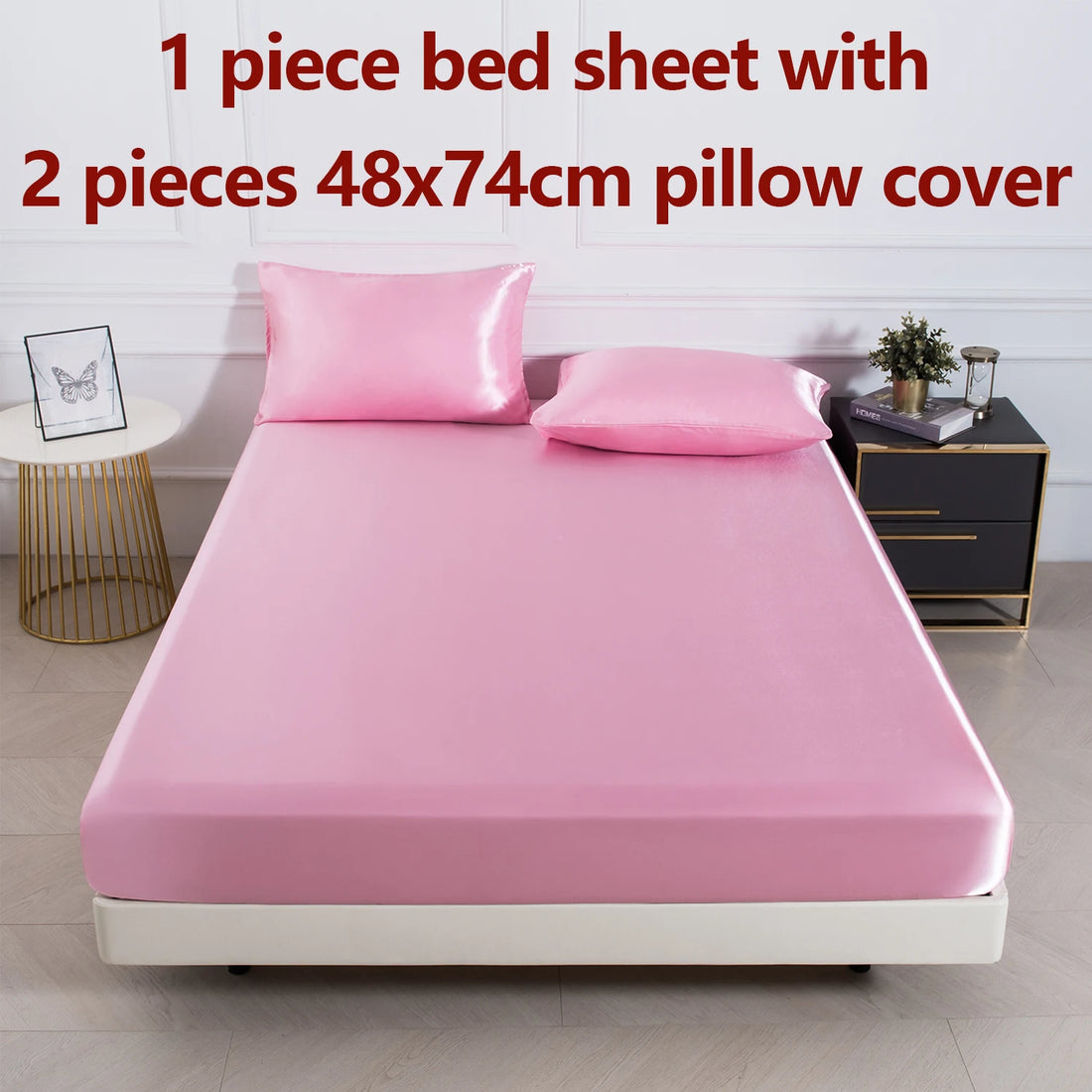 3PC Satin Fitted Sheet Set with Pillow Covers