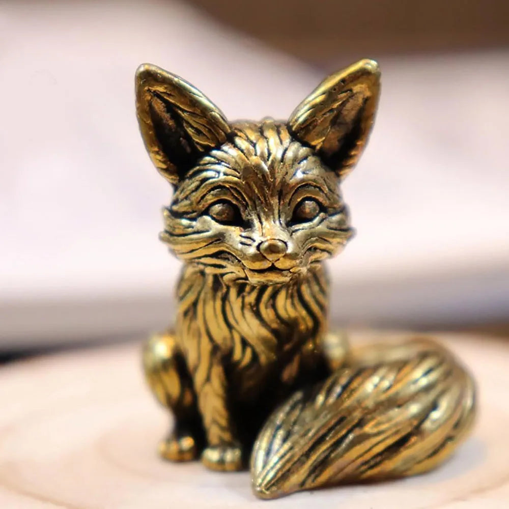 Brass Fox Statue – Miniature Copper Animal Figurine for Desk or Home Decor