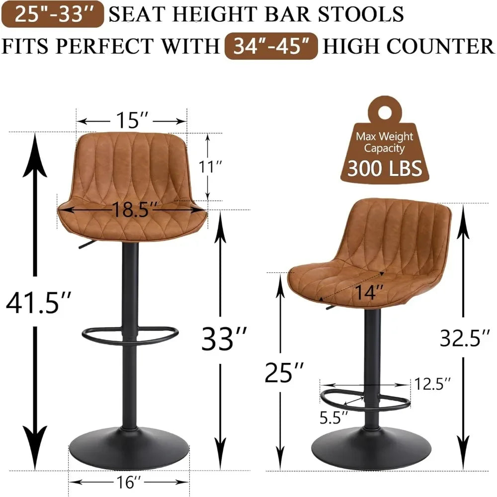Set of 3 Modern Swivel Bar Stools – Adjustable Height, Brown Faux Leather
