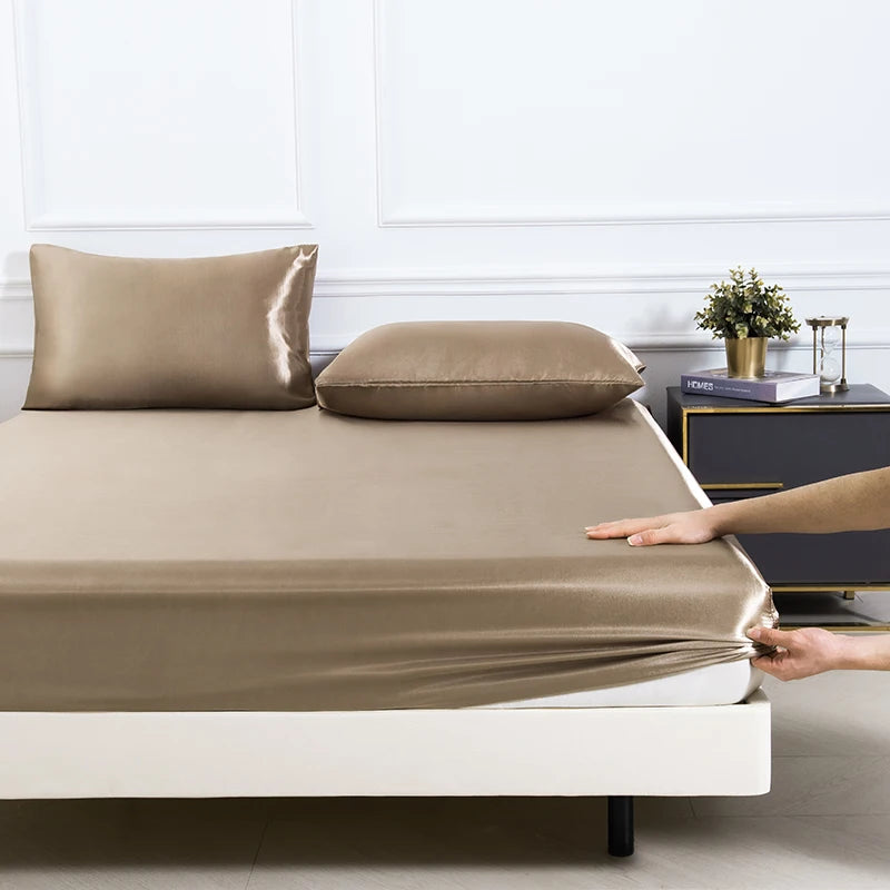 3PC Satin Fitted Sheet Set with Pillow Covers