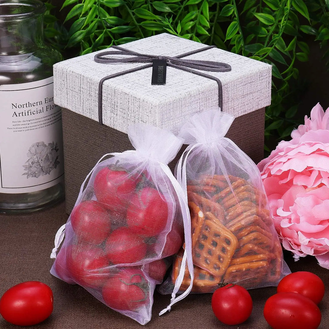 50 Pcs White Sheer Organza Gift Bags with Drawstring