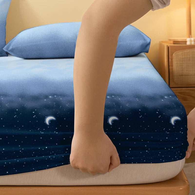 Starry Sky Printed Matte Fitted Sheet – Modern Bedroom Bedding (No Pillowcases)