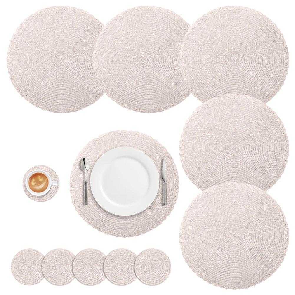 Set of 6 Round Braided Placemats – 34cm Washable Woven Heat-Resistant Table Mats