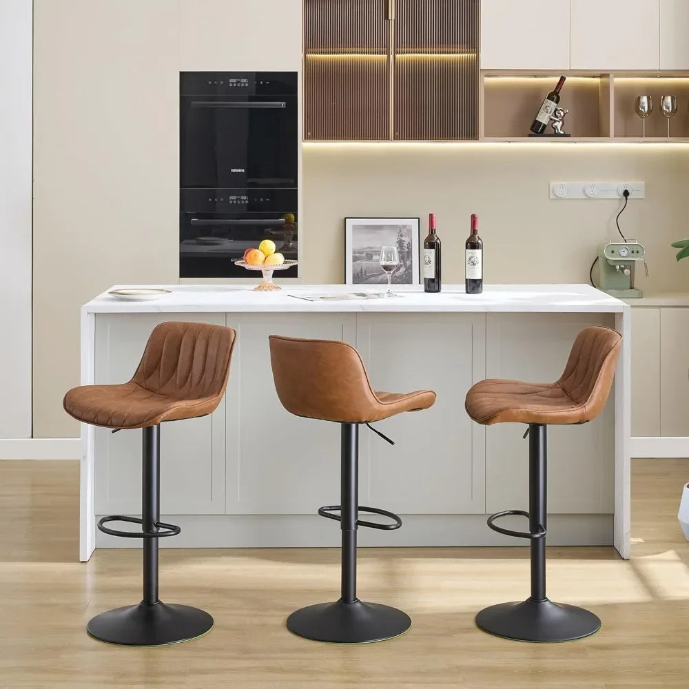 Set of 3 Modern Swivel Bar Stools – Adjustable Height, Brown Faux Leather