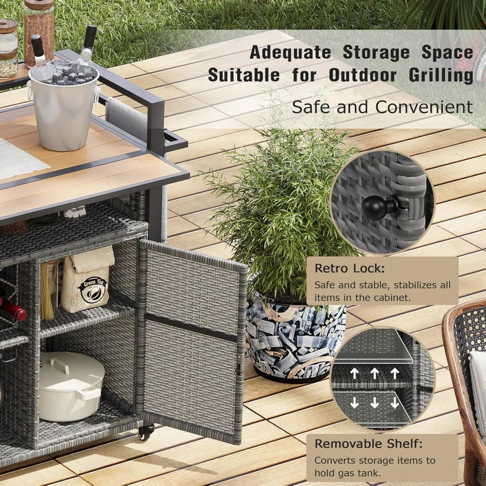 52.8" Wicker Outdoor Grill Cart with Storage & Rolling Tabletop