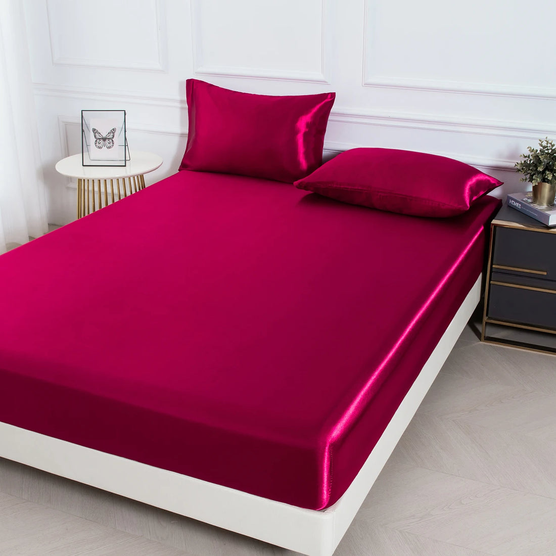 3PC Satin Fitted Sheet Set with Pillow Covers
