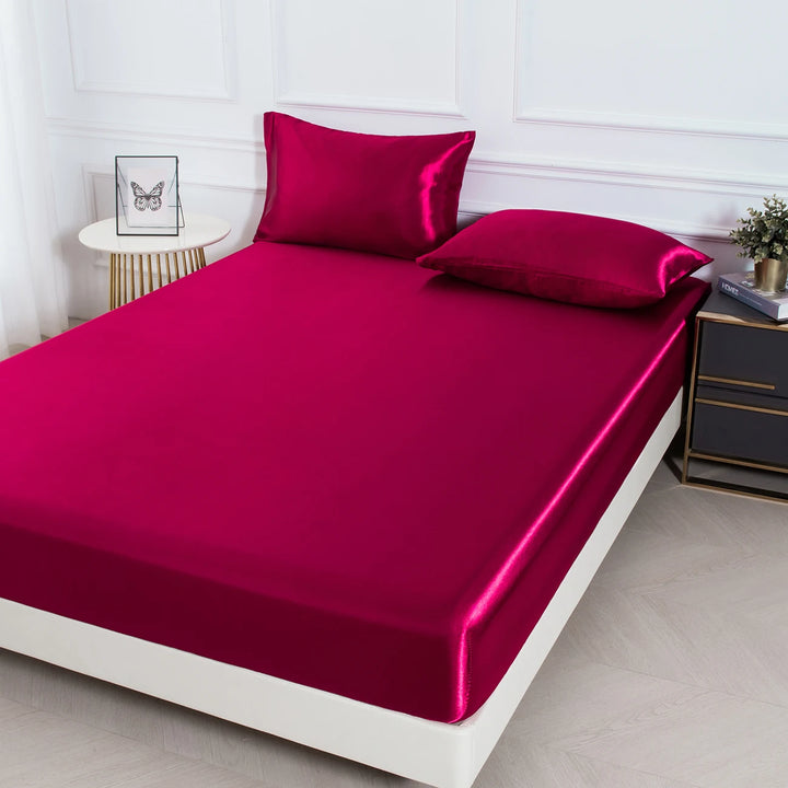 3PC Satin Fitted Sheet Set with Pillow Covers