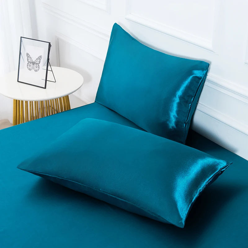 3PC Satin Fitted Sheet Set with Pillow Covers