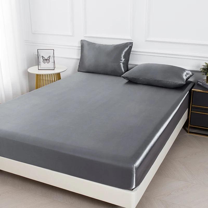 3PC Satin Fitted Sheet Set with Pillow Covers