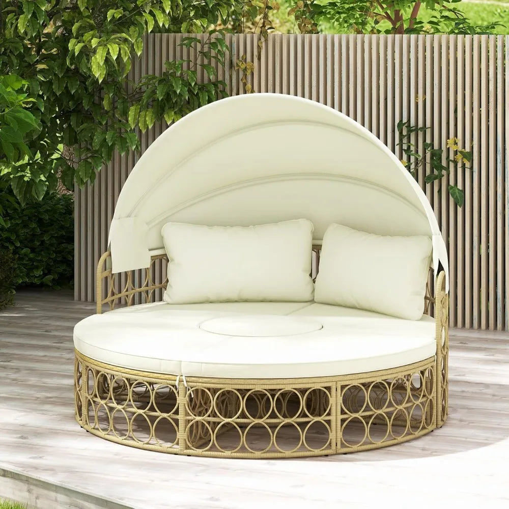 Round Wicker Outdoor Daybed with Canopy & Cushions
