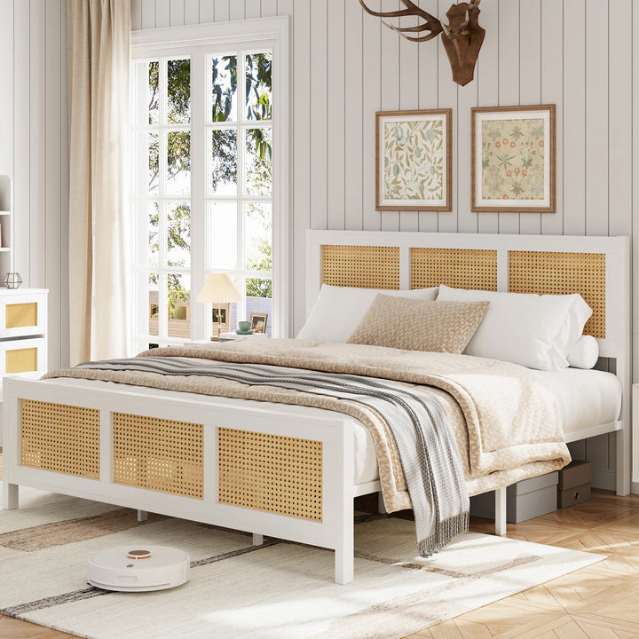 Queen Size Bohemian Rattan Platform Bed Frame with Headboard – Metal Slats, No Box Spring Needed