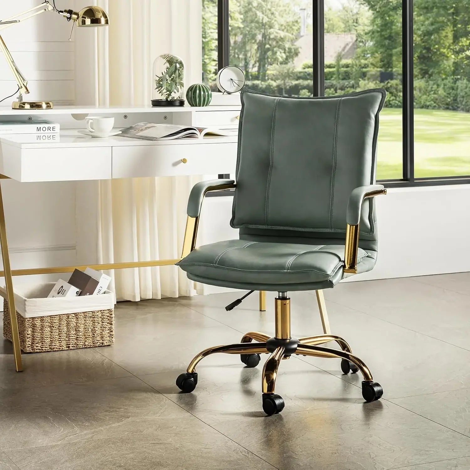 Adjustable Upholstered Home Office Chair with Golden Legs & Arms