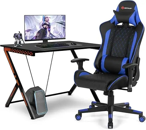 Gaming Desk & Chair Combo – Racing Style Workstation with Ergonomic High-Back Chair, Massage Lumbar Support & Headrest