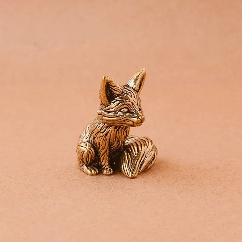 Brass Fox Statue – Miniature Copper Animal Figurine for Desk or Home Decor
