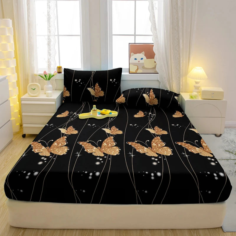 Modern Plant & Butterfly Printed Fitted Sheet – Matte Bed Cover (No Pillowcases)