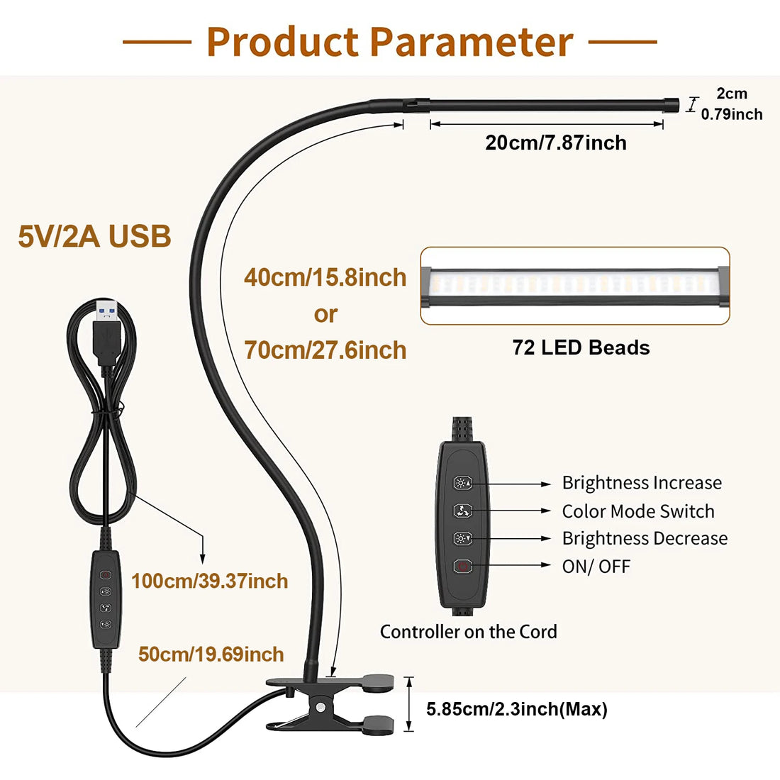 10W LED Clamp Desk Lamp – Dimmable Clip-On Reading Light with 3 Modes & 10 Brightness Levels, USB