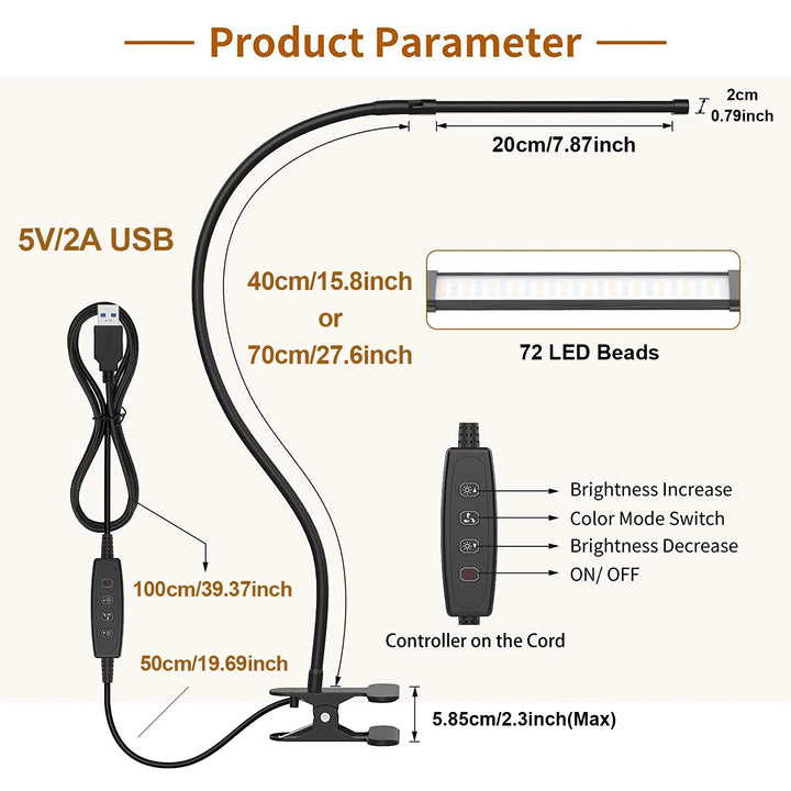 10W LED Clamp Desk Lamp – Dimmable Clip-On Reading Light with 3 Modes & 10 Brightness Levels, USB