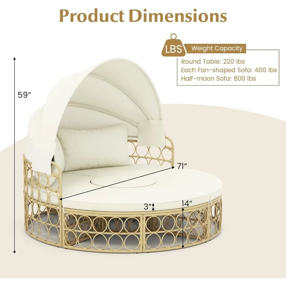 Round Wicker Outdoor Daybed with Canopy & Cushions