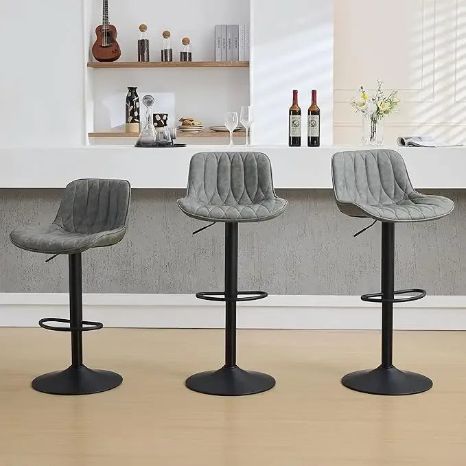 Set of 3 Modern Swivel Bar Stools – Adjustable Height, Brown Faux Leather