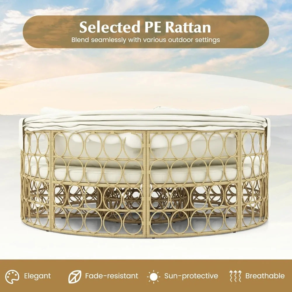 Round Wicker Outdoor Daybed with Canopy & Cushions