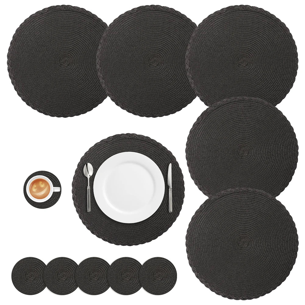 Set of 6 Round Braided Placemats – 34cm Washable Woven Heat-Resistant Table Mats