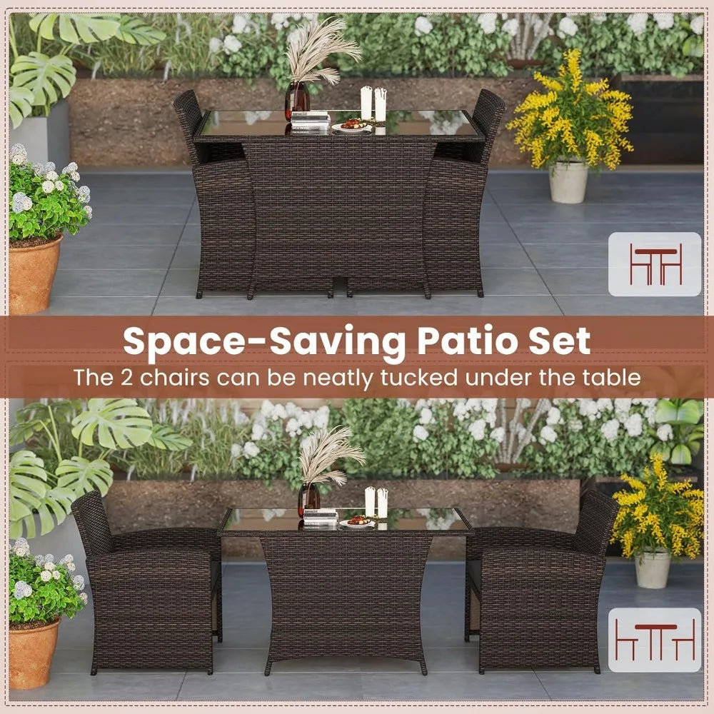 3-Piece Patio Wicker Dining Set – 2 Chairs & Glass Table with Cushions