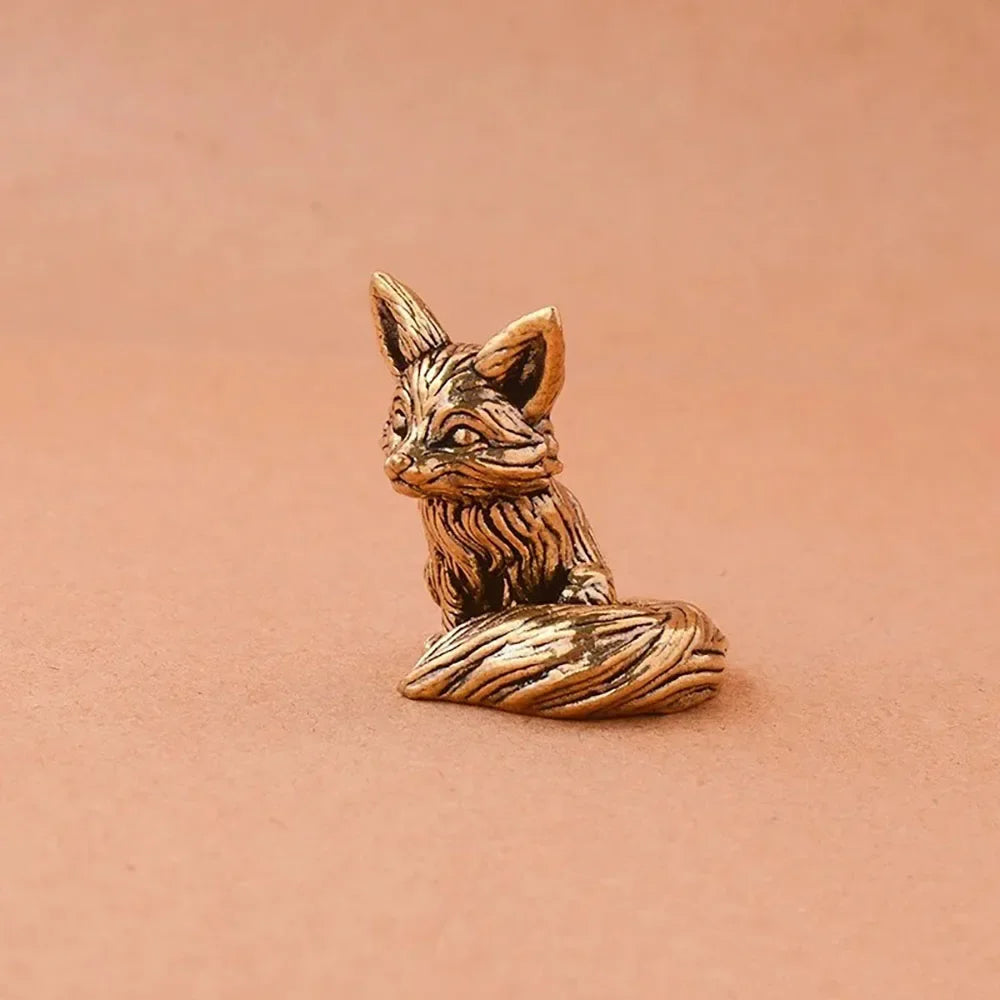 Brass Fox Statue – Miniature Copper Animal Figurine for Desk or Home Decor