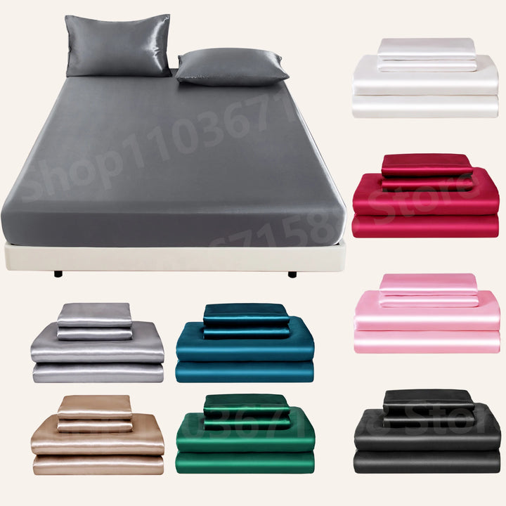 3PC Satin Fitted Sheet Set with Pillow Covers
