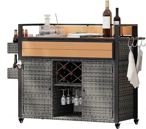 52.8" Wicker Outdoor Grill Cart with Storage & Rolling Tabletop